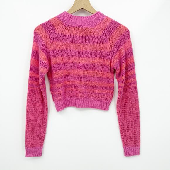 Zara Fuzzy Striped Cropped Sweater M Pink Orange Soft Knit Barbiecore Dopamine - Picture 2 of 10